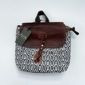 Myra Leefis White Black Canvas Brown Leather Backpack